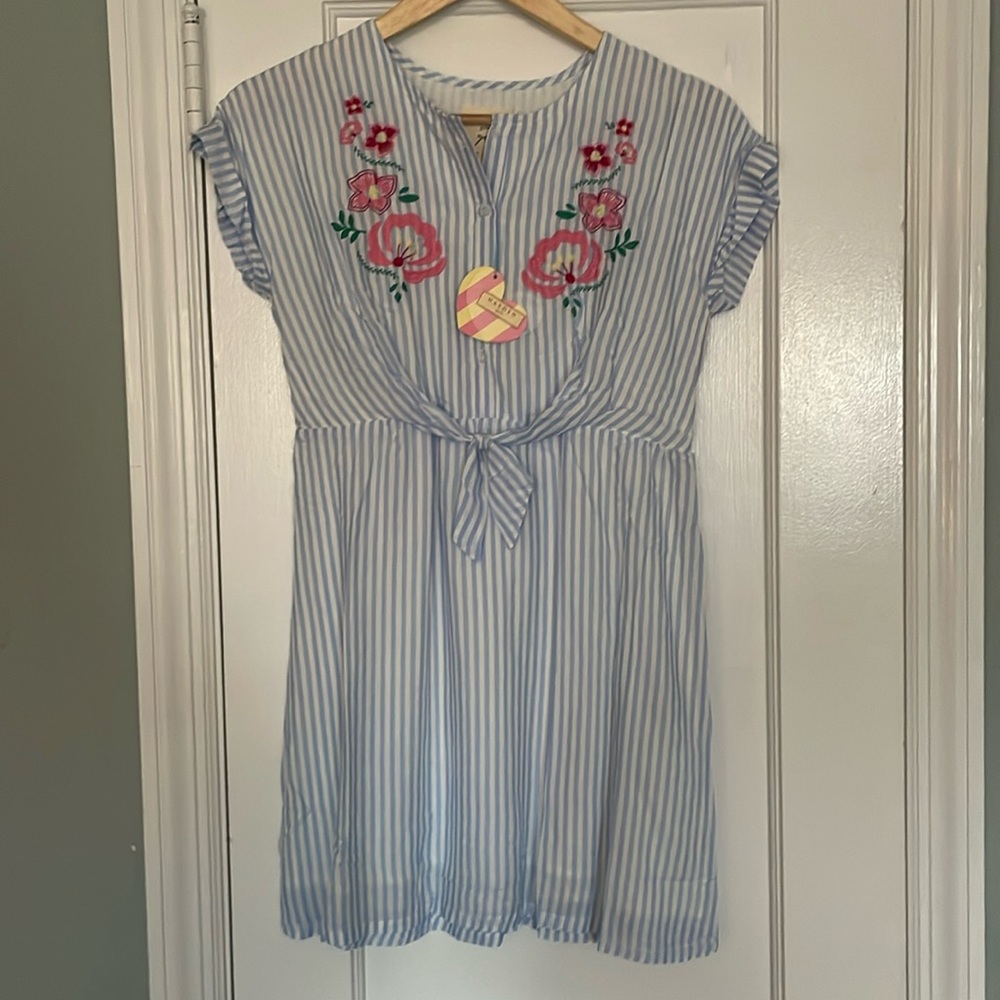 Girls blue striped, embroidered dress